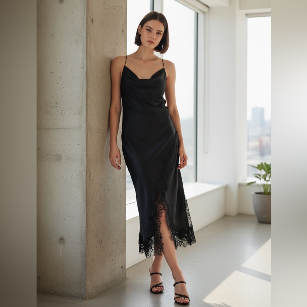 NWT Zara Satin Asymmetrical Lace MIDI Dress in Black Size S